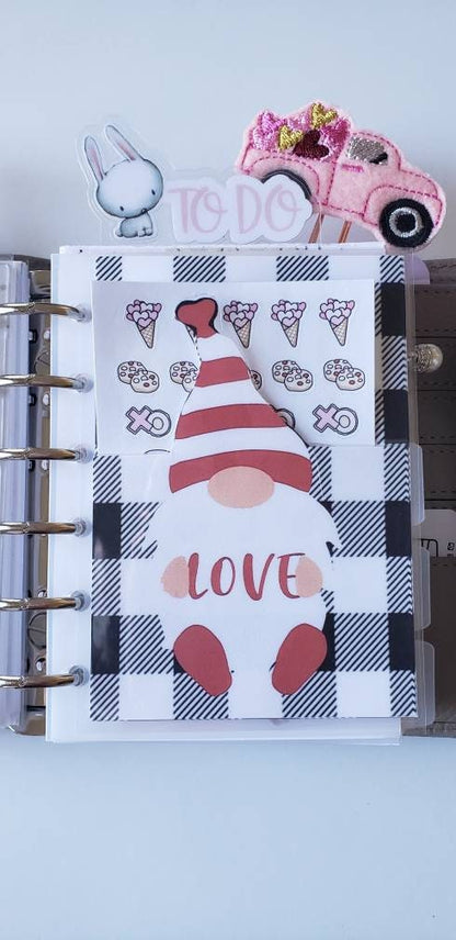 Planner rings pocket//sticker pocket//valentine's day gnome