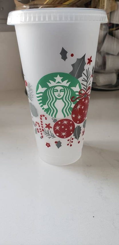Christmas starbucks cold cup//24 oz//venti//ornaments//reusable cup